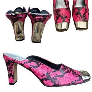 PIERRE DUMAS VTG Pink Black Snakeskin HEELS 9 M Mules Python Metallic Shoes